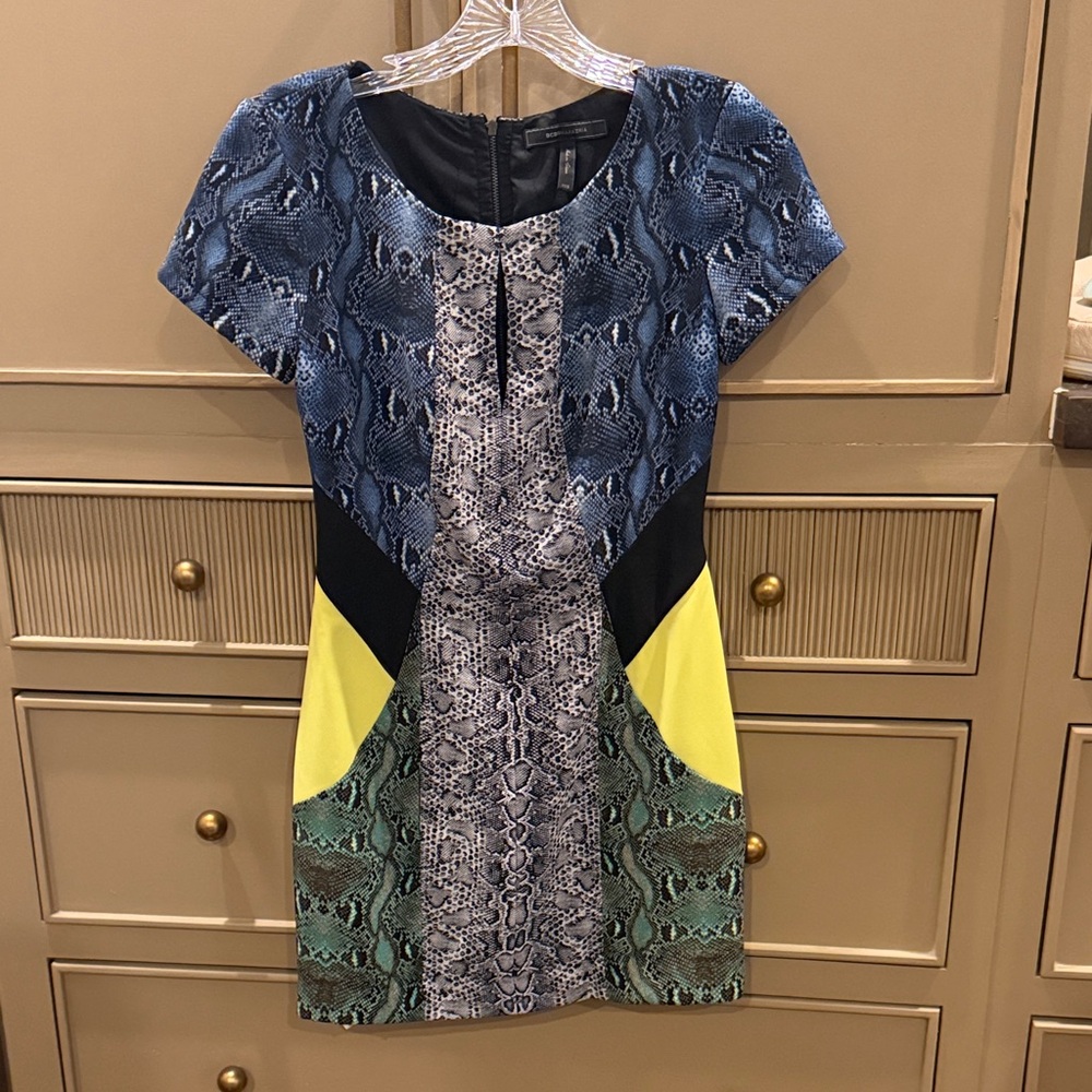 BCBGMaxAzria Blue and Yellow Snake Print Mini Dress